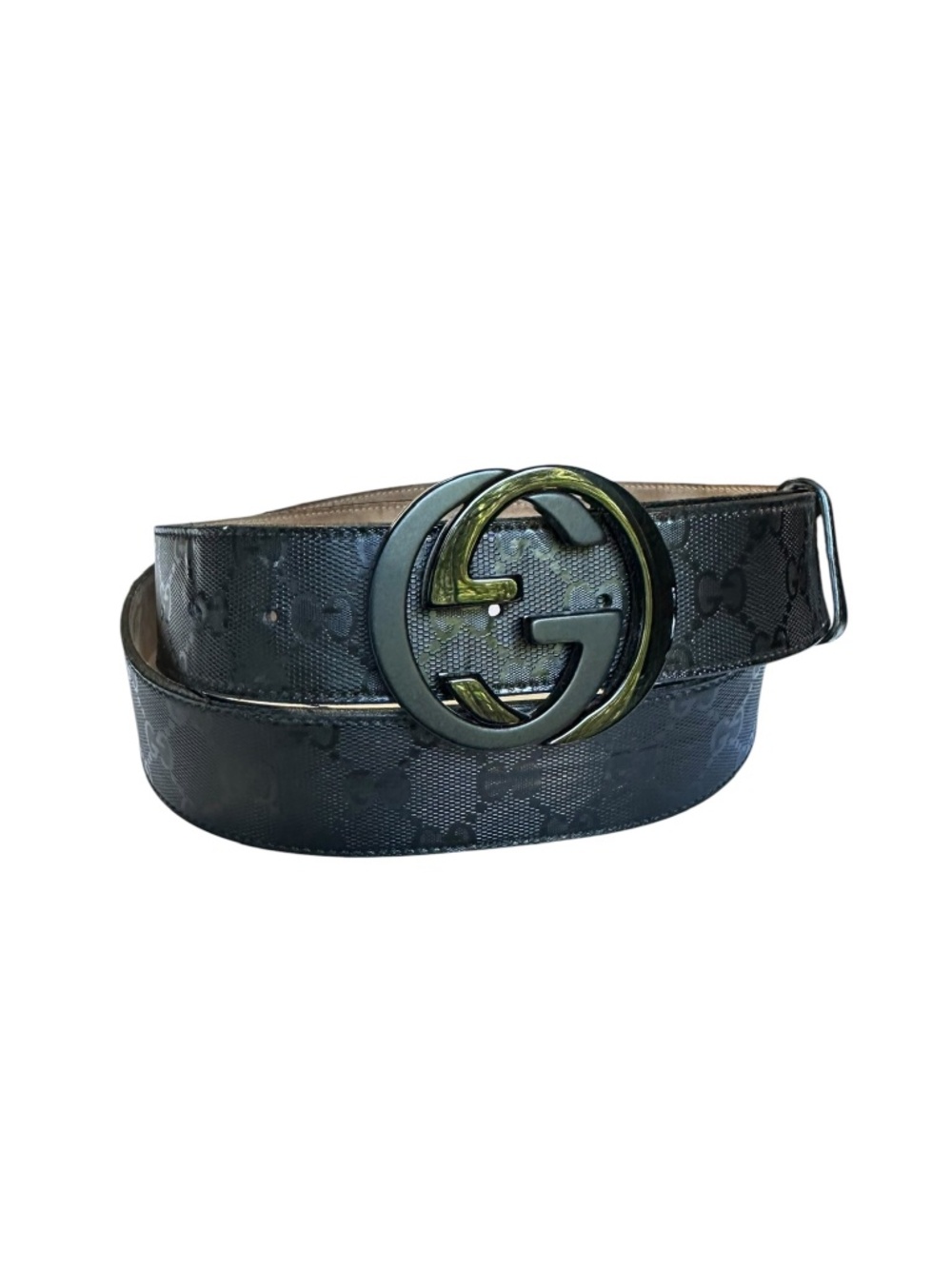 Authentic GUCCI Leather Belt With Black GG Interlocking Imprime Canvas 48 Large